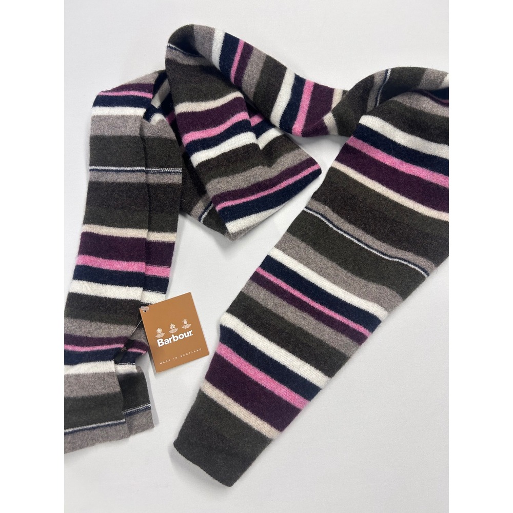 Barbour Briggs Striped Scarf Unisex OS Olive Pink Wool Made in Scotland NWT